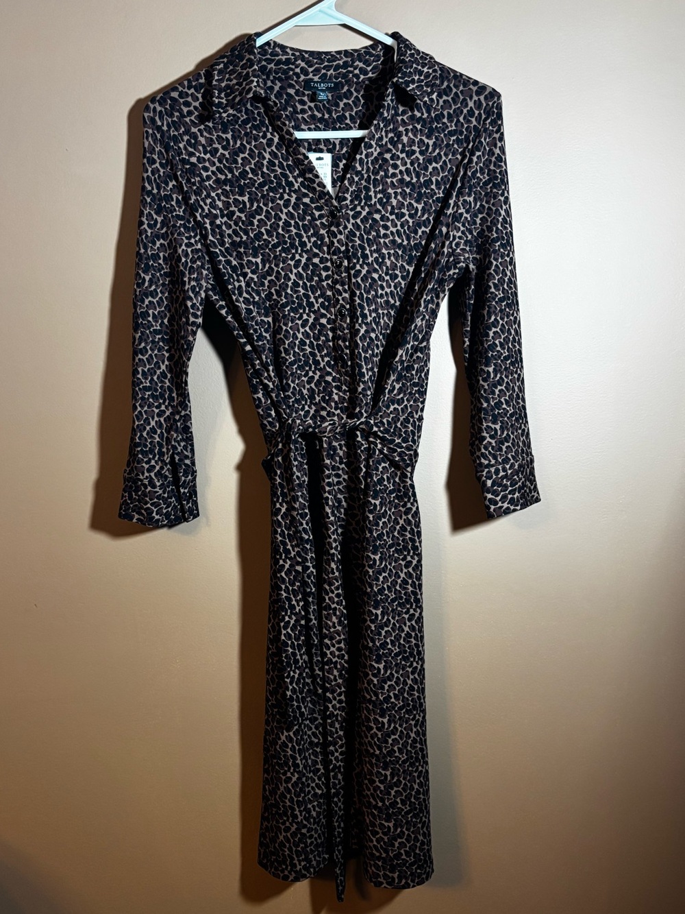 Talbots Black and Beige Leopard Print Tie-Waist Shirt Dress